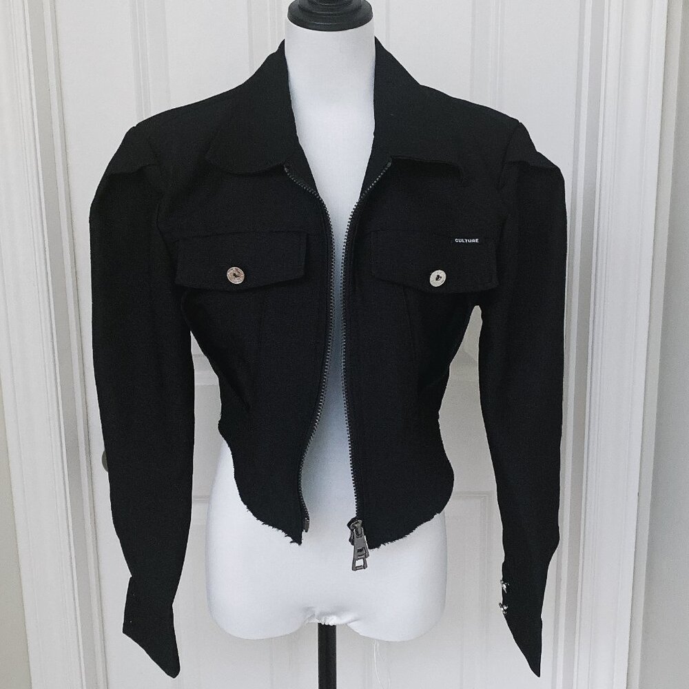 NWT Women's Black Puff Long Sleeve Pocket Front Zip Lapel Collar Jacket Top
